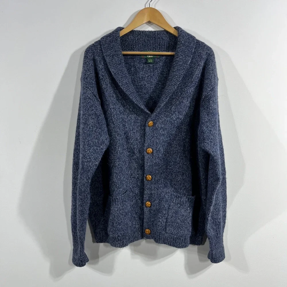 Orvis Vintage 90s Shawl Collar Knit Cardigan Sweater Blue Wool Blend Mens Large